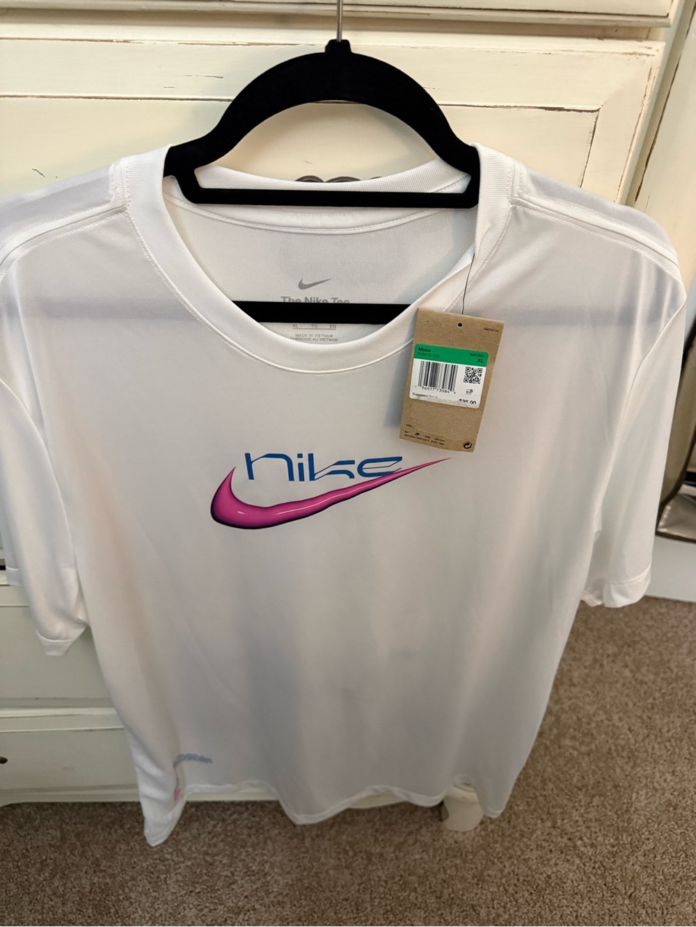 Nike White Short-Sleeve Tee with Pink Gradient Swoosh